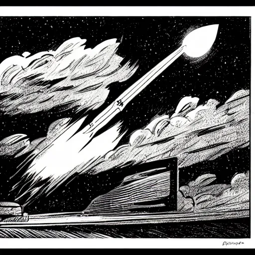 Prompt: a rocket taking off, comic illustration, dramatic lighting