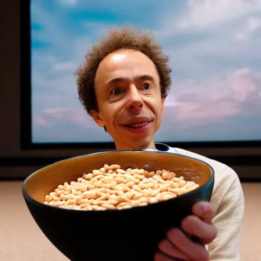 Image similar to malcolm gladwell eating beans from a bowl in an empty AMC movie theater, high res, 4k, realistic