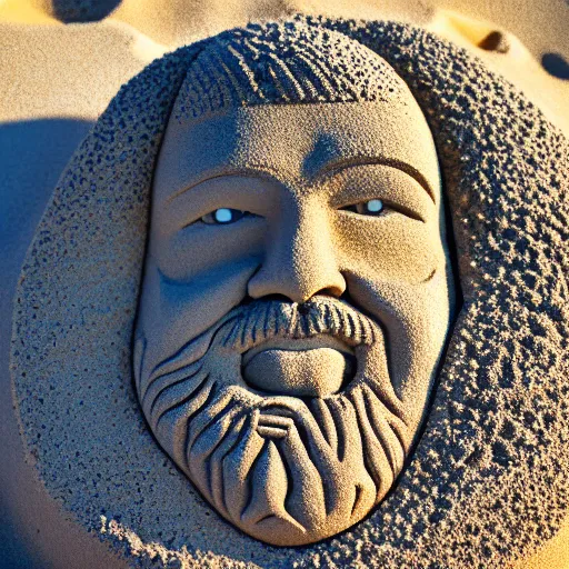 Image similar to sand sculpture of bob ross, highly detailed, photograph, 5 0 mm f 1. 4, bright sunlight