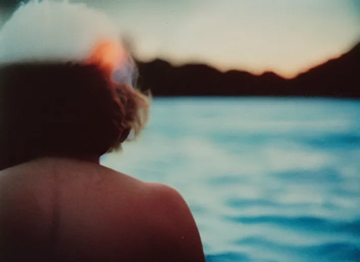 Image similar to colored photography, close-up from behind woman swimming in ocean at night, blue light, 35mm film,