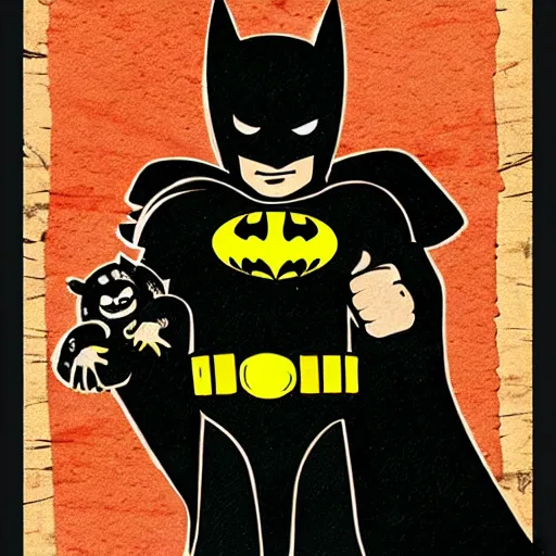 Image similar to Batman is happy because he is holding his pet hamster, vintage comic book style, paper texture