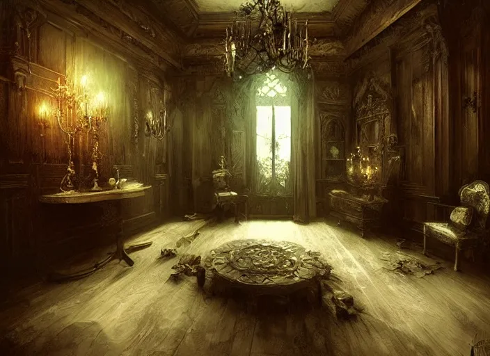 Prompt: gothic mansion room, wooden floor, elegant, artwork, paint, illuminated, detailed, by bastien lecouffe deharme, by jeremy mann, by alexander fedosav