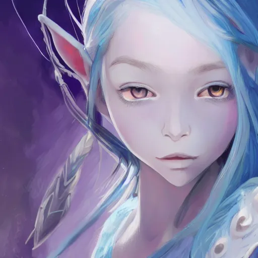 Prompt: an elf girl with grey skin with blues and long purple hair, wearing armor, ice background, highly detailed, digital painting, artstation, matte, by makoto shinkai, animation style, studio ghibli, anime key visual