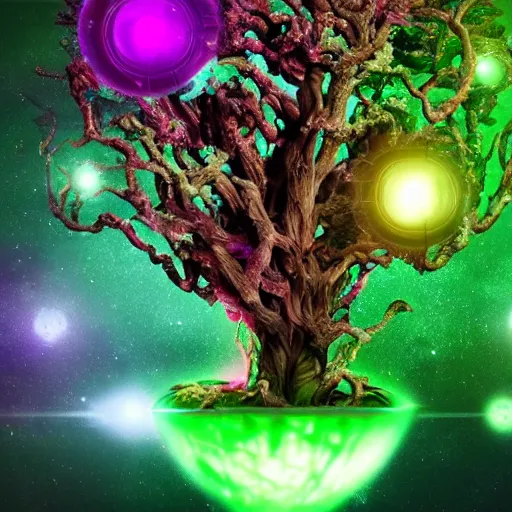 Image similar to a crazy alien tree with purple leaves and glowing green crystal fruit, cinematic, realistic