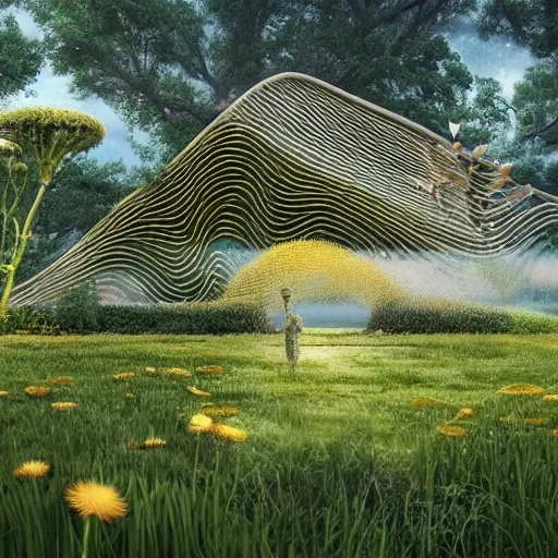 Prompt: beautiful organic house made of imaginary plants and dandelions in a serene garden, architectural render, chillwave, futuresynth, outrun, by gabriel dawe, skottie young and jessica rossier, vegetal architecture, by isaac cordal 2, junglepunk, blender, trending on behance h 7 0 4 w 1 2 8 0