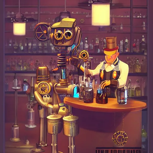 Prompt: a steampunk robot is at the bar and orders a drink from a (TY fluffy beanie baby puppy) bartender, cgsociety, old master.