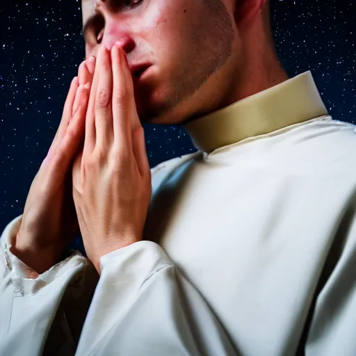 Image similar to Close up of a young, thin and stern catholic priest in his thirties fervently praying as he is about to die from the ominous terrifying Lovecraftian yellow shadow descending upon him from the night sky. Low angle, dramatic lighting. 4K photograph, 85mm sigma art lens