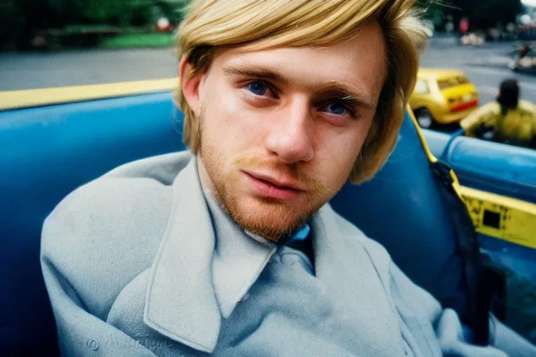 Image similar to candid photo of a Caucasian man sat in back of a UK taxi, Kodak Portra 400,8K,highly detailed: beautiful perspective extreme closeup portrait photo in style of 2000s retrofuturism, photography fashion edition, tilt shift, highly detailed, focus on man ;blonde hair;blue eyes, clear eyes, soft lighting