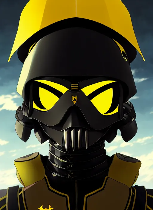 Image similar to anime portrait of a vicious helldiver scout soldier, black armor with yellow accents, closeup on face, ilya kuvshinov, anime, pixiv top monthly, trending on artstation, cinematic, danbooru, zerochan art, kyoto animation