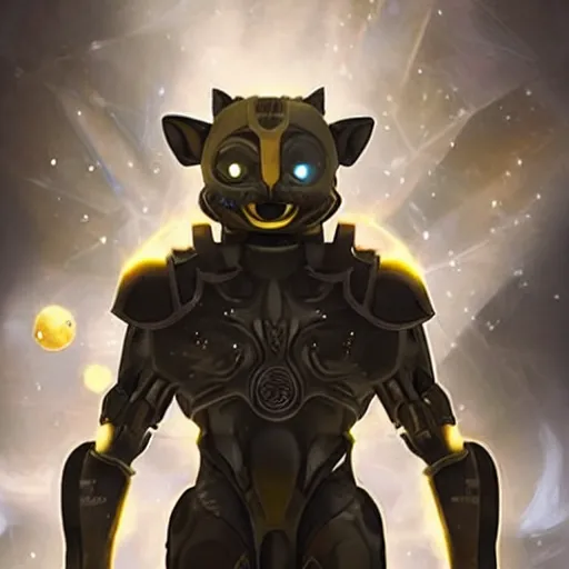 Image similar to humanoid with cat-like features in futuristic space armor with force fields, yellow eyes, teeth that protrude past the lower lip and fine grayish fur on their faces and backs of their hands and carrying weapons, octane,