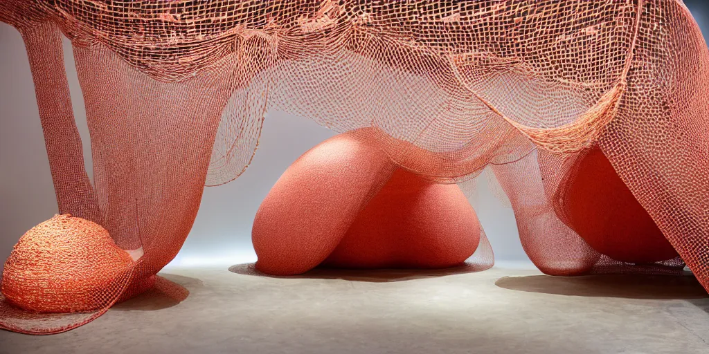 Image similar to biomorphic structures out of stocking - like material and nets that fills with various objects like spices, sand and rocks by ernesto neto, light - mint with dusty pink color