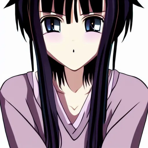 Image similar to girl with black hair, long bangs covering both of her eyes, anime style