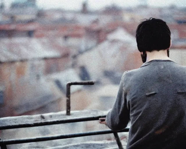 Image similar to lomo photo of man standing on the roof of soviet hrushevka, small town, cinestill, bokeh, out of focus