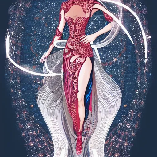 Image similar to a beautiful arabian woman wearing a futuristic dress by alexander mcqueen, artgerm, fashion show, futuristic, organic dress, seamless pattern, concept art, fantasy