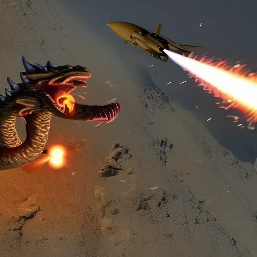 Image similar to a dwarf in a fighter jet firing a sidewinder missile at a dragon, realistic, action, high quality