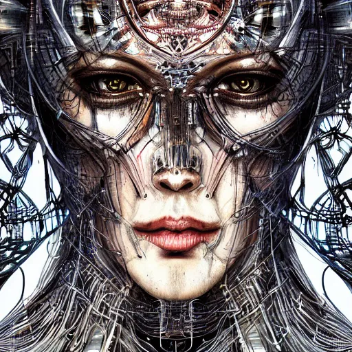 Image similar to a portrait of a woman with mechanical patterns by android jones and hr giger