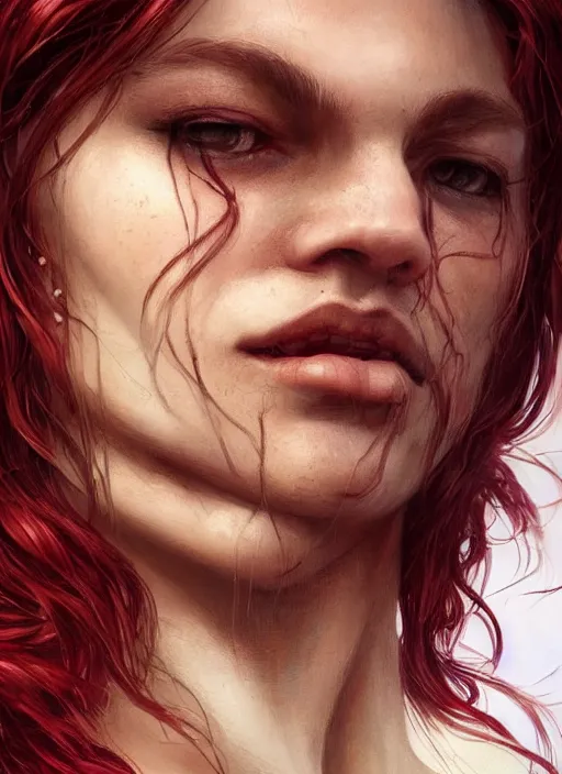 Image similar to vertical portrait of a ruggedly handsome female cleric, soft hair, close - up face, leather, witchy, d & d, fantasy, intricate, elegant, highly detailed, digital painting, artstation, concept art, smooth, sharp focus, illustration, art by artgerm and greg rutkowski and alphonse mucha, plain red background