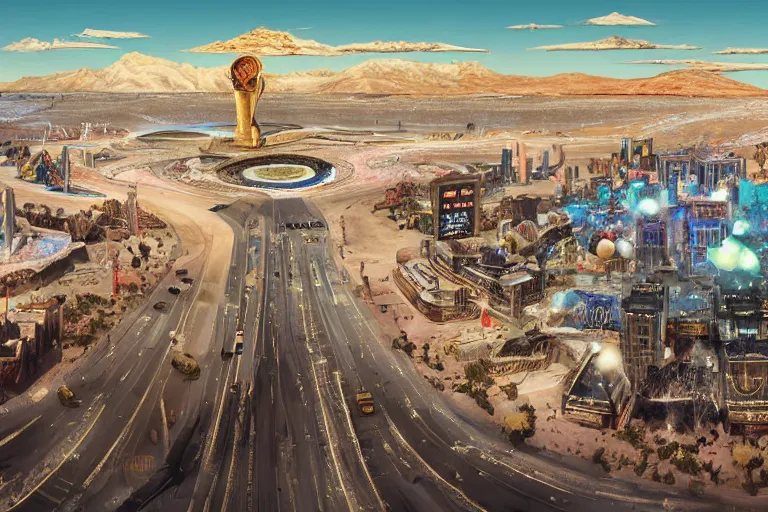 Prompt: Las Vegas strip, expensive streets with gold luxury details, advanced civilization, at Salar De Uyuni, unique formations on the surface of salt crystallization, sandwiched between sedimentary deposits, bubbling geysers, flashy, digital painting, concept art, sharp focus, from Star Trek 2021, illustration, by WLOP and Ruan Jia and Mandy Jurgens and William-Adolphe Bouguereau, Artgerm