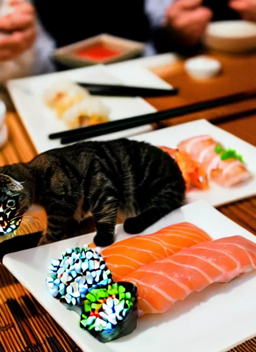 Image similar to clear photograph of cats eating sushi