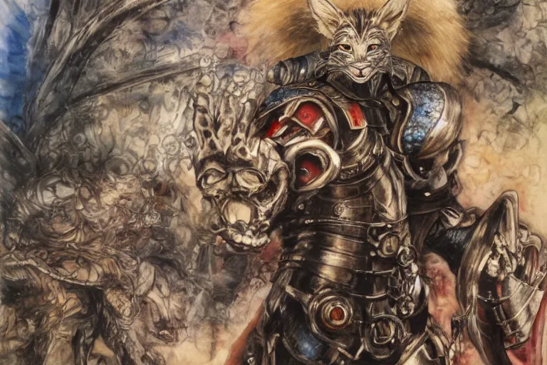 Image similar to 8k Yoshitaka Amano painting of upper body of a young cool looking lynx beast-man with white mane at a medieval market at windy day. Depth of field. He is wearing complex fantasy armors. He has huge paws. Renaissance style lighting.