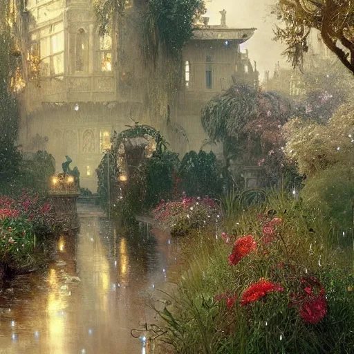 Image similar to a beautifull intricate garden, reflexions, raindrops, high details by william turner art, greg rutkowski and alphonse mucha, trending on artstation, very very detailed, masterpiece,