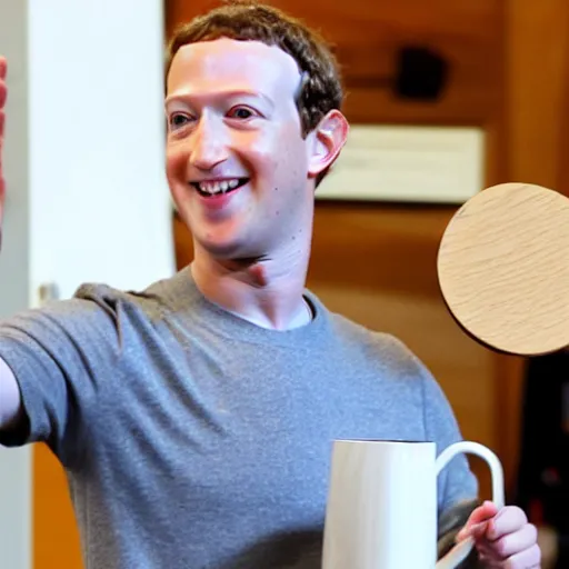 Image similar to mark zuckerberg holding circular wooden coaster and cup up to the camera