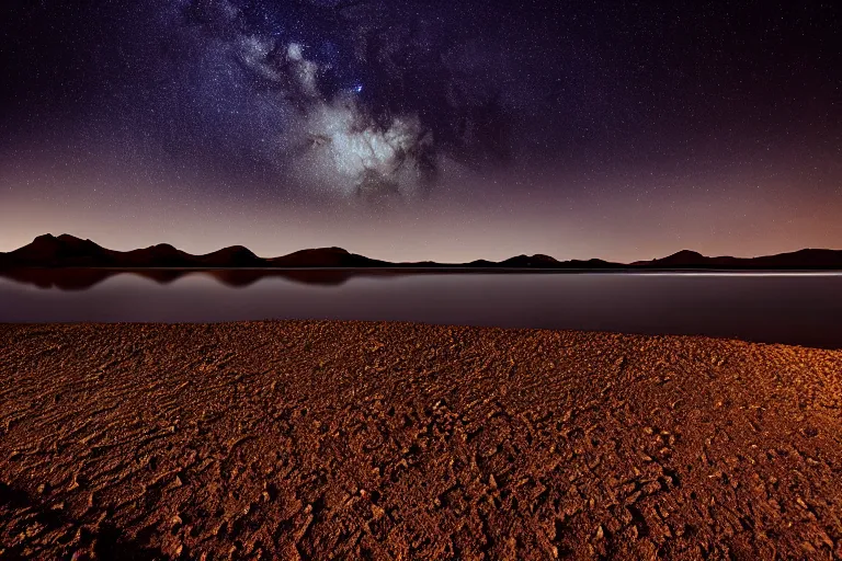 Image similar to beautiful moonlit dark starry landscape photography of an Arizona desert, lake, dramatic lighting