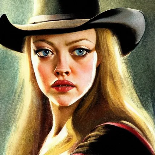 Image similar to ultra realistic portrait painting of amanda seyfried as a western outlaw, art by frank frazetta, 4 k, ultra realistic, highly detailed, epic lighting.