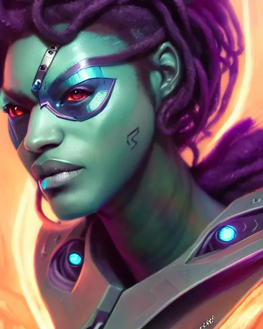 Image similar to sojourn from overwatch, bust, dreadlocks, gray hair, cyborg eyes, fantasy, fantasy art, fantasy, colorful, elegant, character portrait, portrait, close up, highly detailed, intricate detail, amazing detail, sharp focus, vintage fantasy art, vintage sci - fi art, radiant light, caustics, by boris vallejo