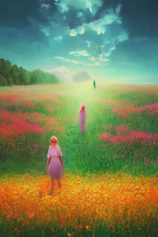 Image similar to giant flower head, girl walking in a flower field, surreal photography, sunrise, dramatic light, impressionist painting, colorful clouds, digital painting, artstation, simon stalenhag