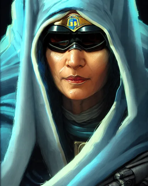 Image similar to ana from overwatch, eye patch, white hair, hooded blue cloak, older egyptian woman, character portrait, portrait, close up, concept art, intricate details, highly detailed, vintage sci - fi poster, in the style of chris foss, rodger dean, moebius, michael whelan, and gustave dore