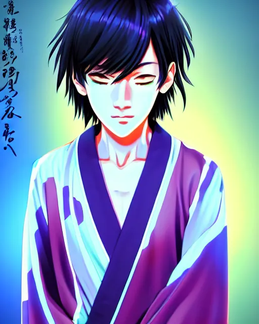 Image similar to anime style, vivid, expressive, full body, 4 k, painting, a young teenager boy with straight indigo hair, purple eyes with red eye markers, slim body, wearing a detailed japanese kimono. stunning, realistic light and shadow effects, centered, simple background, studio ghibly makoto shinkai yuji yamaguchi