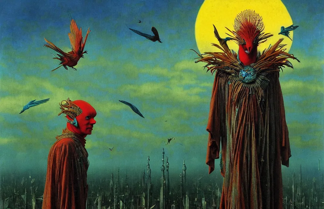 Image similar to realistic detailed portrait movie shot of a birdman wearing dark ragged robes, sci fi city sunset landscape background by denis villeneuve, amano, yves tanguy, alphonse mucha, ernst haeckel, max ernst, roger dean, masterpiece, rich moody colours, bird head, blue eyes