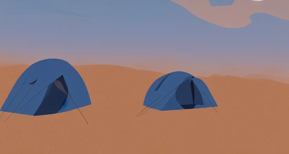 Image similar to small tent in the desert with dunes at night, blue color scheme, artstation, cgsociety