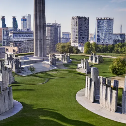 Prompt: aerial view of brutalist extensive monument ricardo bofill ( ( ( ( ( park ) ) ) ) ) spomenik with ( ( railings ) ) photo, 4 k