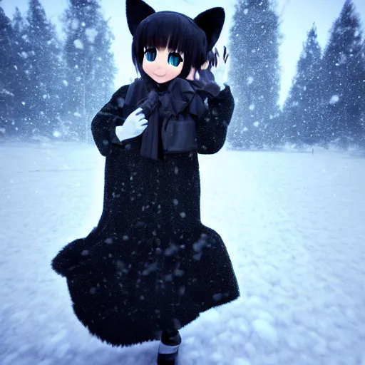 Prompt: render of a very cute joyful 3d anime girl, wearing fluffy black scarf, long dress, mittens, black long curly hair, watery eyes, cat ears, in the magical forest, snowing, medium shot, mid-shot, highly detailed, trending on Artstation, Unreal Engine 4k