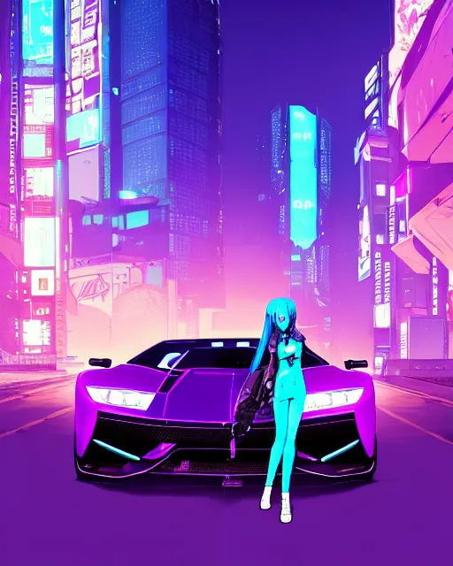 Image similar to digital illustration of cyberpunk pretty girl with blue hair, standing in front of a purple lamborghini, in city street at night, by makoto shinkai, ilya kuvshinov, lois van baarle, rossdraws, basquiat