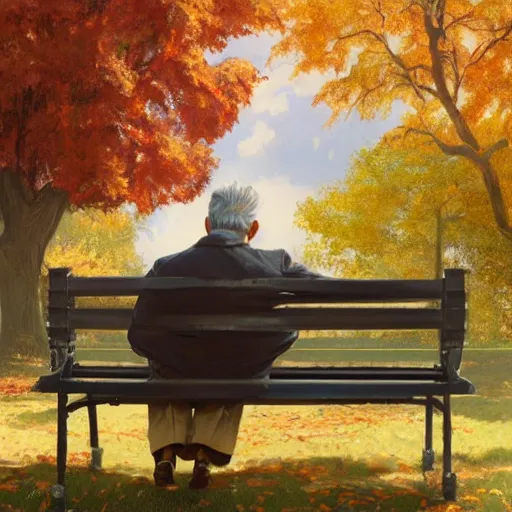 Image similar to 1940s old man sitting on a bench in a city park, colorful autumn, highly detailed, digital painting, artstation, concept art, sharp focus, illustration, art by artgerm and greg rutkowski and alphonse mucha