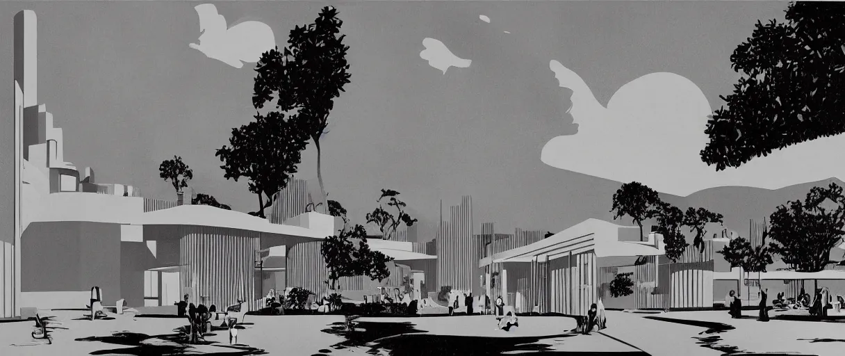 Image similar to midcentury architecture. wide shot. imagined by ken adam.