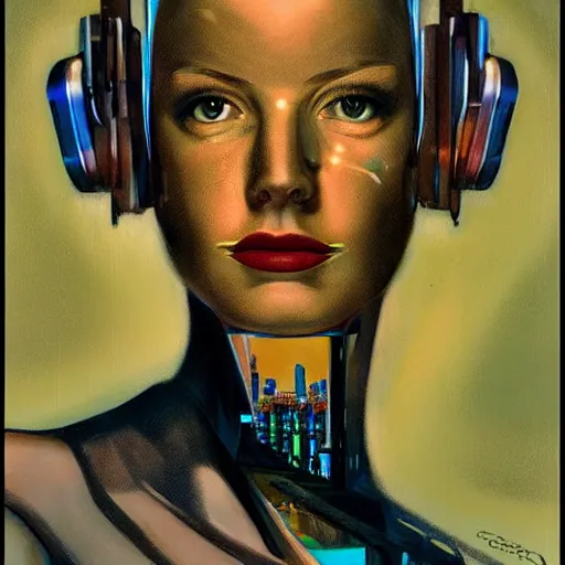 Image similar to detailed face of a clockwork woman, moment, cyberpunk cloisters, electronic billboards, tech noir, wet reflections, prism, atmospheric, ambient, pj crook, syd mead, livia prima, greg rutkowski, edward hopper