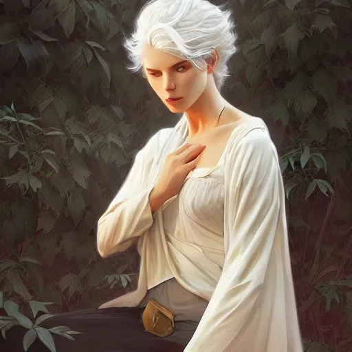 Prompt: young boy, white hair, gorgeous, amazing, feminine, elegant, intricate, highly detailed, digital painting, artstation, concept art, sharp focus, illustration, art by artgerm and greg rutkowski and alphonse mucha