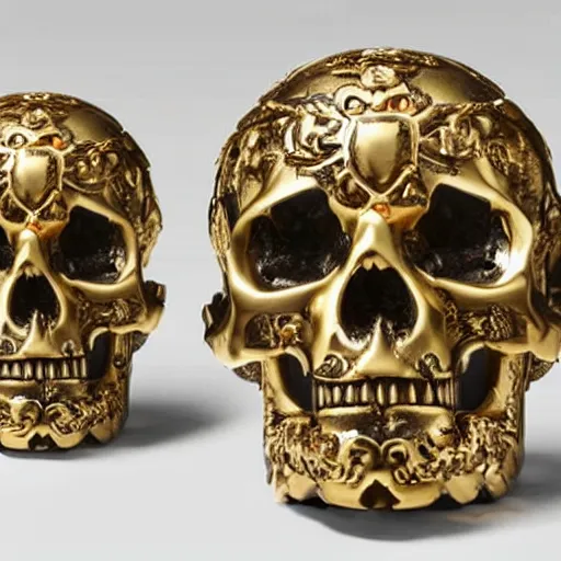 Prompt: a orante human skull with rococo carvings and gold plated detailing encased in an icecube