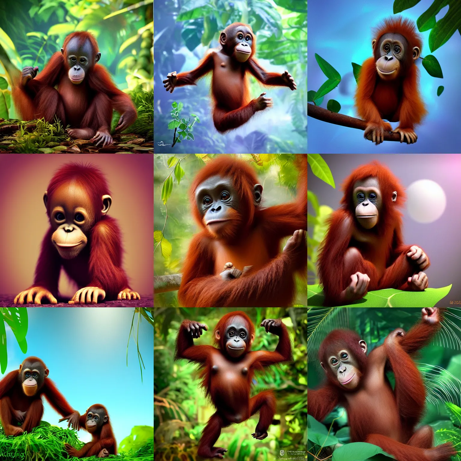Prompt: “cute baby orangutan 🦧 playing in the jungle, high detail digital art, trending on artstation, volumetric lighting”