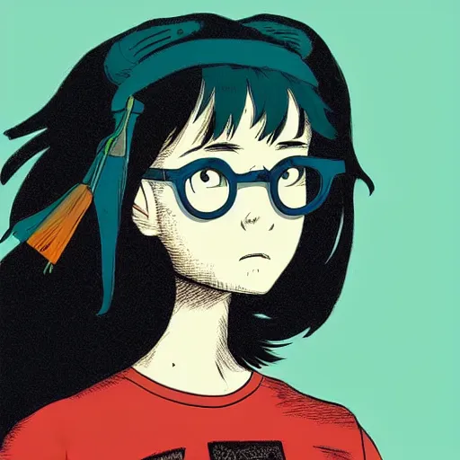Prompt: A girl with curly black hair wears a green shirt, she wears Harry Potter glasses, brushes her teeth, and there is a blue bird on her head by Studio Ghibli and Dan Mumford, detailed
