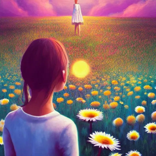 Prompt: head made of giant daisies, girl standing barefoot in a vast flower field, arms behind back, surreal photography, sunrise dramatic light, impressionist painting, colorful clouds, large sky, digital painting, artstation, simon stalenhag, flower face