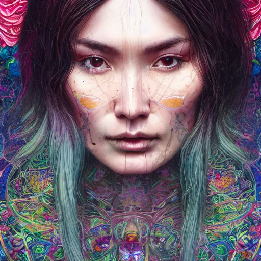 Prompt: portrait of gemma chan, hyper detailed masterpiece, neon floral pattern, jean giraud, digital art painting, darkwave goth aesthetic, psychedelic, artgerm, donato giancola and tom bagshaw