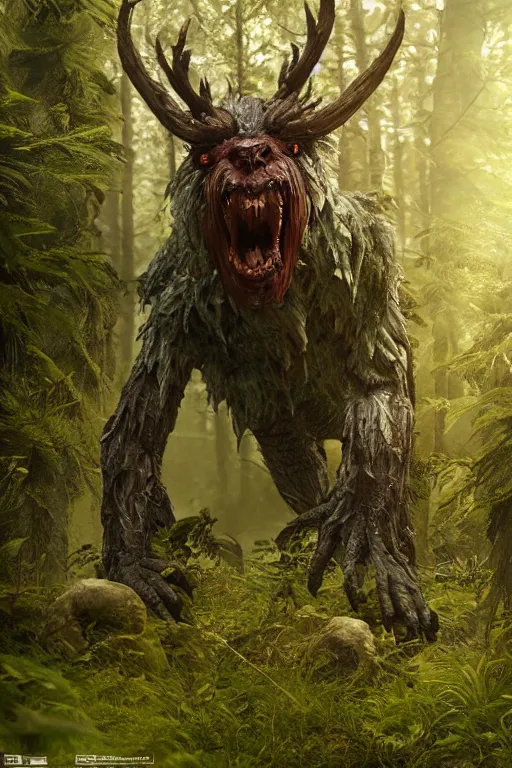 Prompt: forest monster, Witcher, creature design, concept art, weta studio, cinema 4D, extremely detailed, UHD, octane, ILM