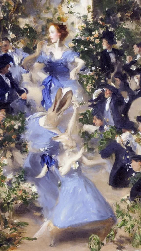 Image similar to a rabbit wear blue dress and dancing in botanical room by john singer sargent, cinematic, detailed