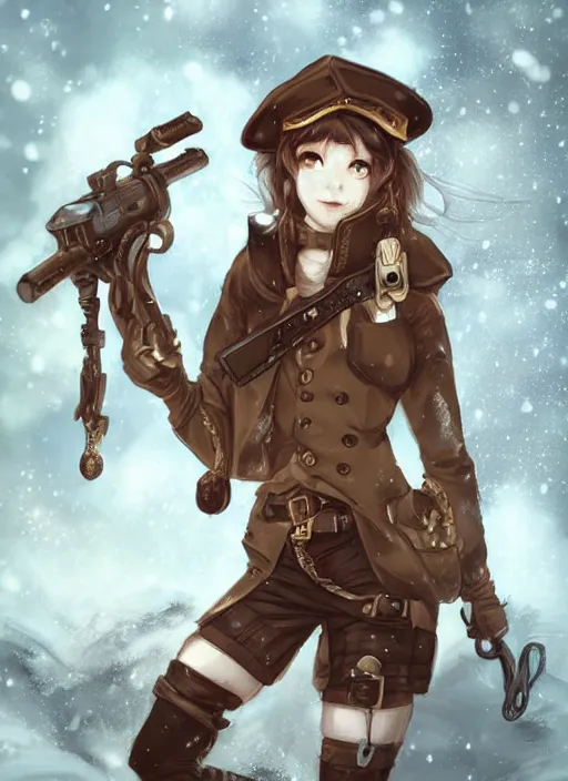 Prompt: girl with steampunk weapons and uniform, mad, intense, finely detailed, made by artgerm, ross tran, full body portrait, illustration, snow, snowing, cloudy, anime, side view, perfect anime face, realistic face, zoomed out, smooth, brown eyes, high waisted shorts