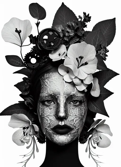 Prompt: monochrome profile portrait painting, dutch masters, silver lace floral steampunk biomechanical beautiful one techno eye young female cyborg, big monocular, volumetric light, leaves foliage and stems, hibiscus flowers, alexander mcqueen, rim light, big gothic fashion pearl embroidered collar, 8 k